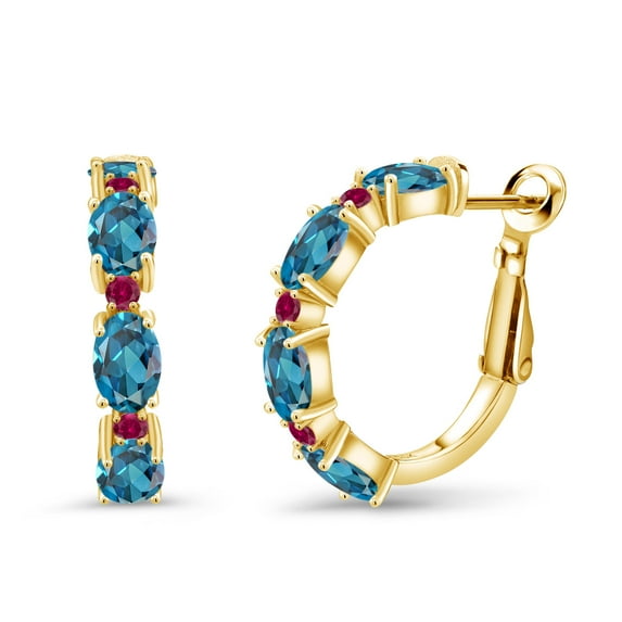 Gem Stone King 5.10 Ct London Blue Topaz Red Created Ruby 18K Yellow Gold Plated Silver Hoop Earrings