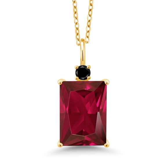 Gem Stone King 5.10 Ct Red Created Ruby Black Diamond 18K Yellow Gold Plated Silver Pendant