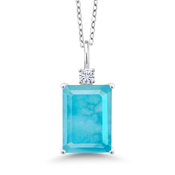 Gem Stone King 5.10 Cttw Green Turquoise and White Moissanite Pendant Necklace for Women | 925 Sterling Silver | 14X10MM Emerald Cut and 3MM Round | Gemstone Birthstone | With 18 inch Chain