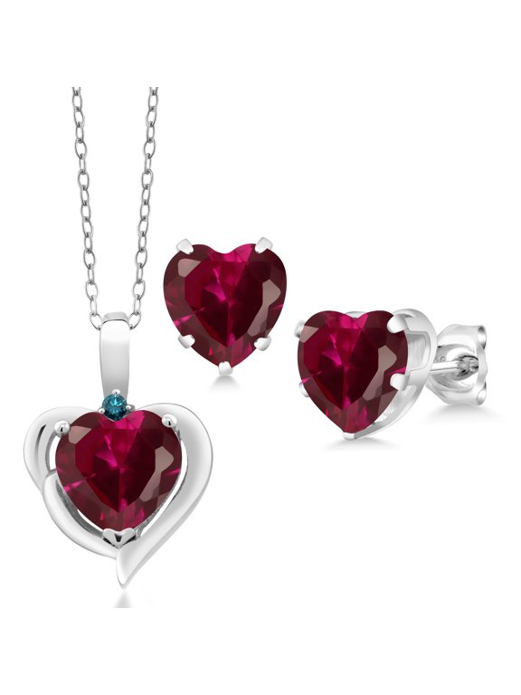5.12 Ct Heart Shape Created Ruby Blue Diamond 925 Silver Pendant and Earrings Jewelry Set