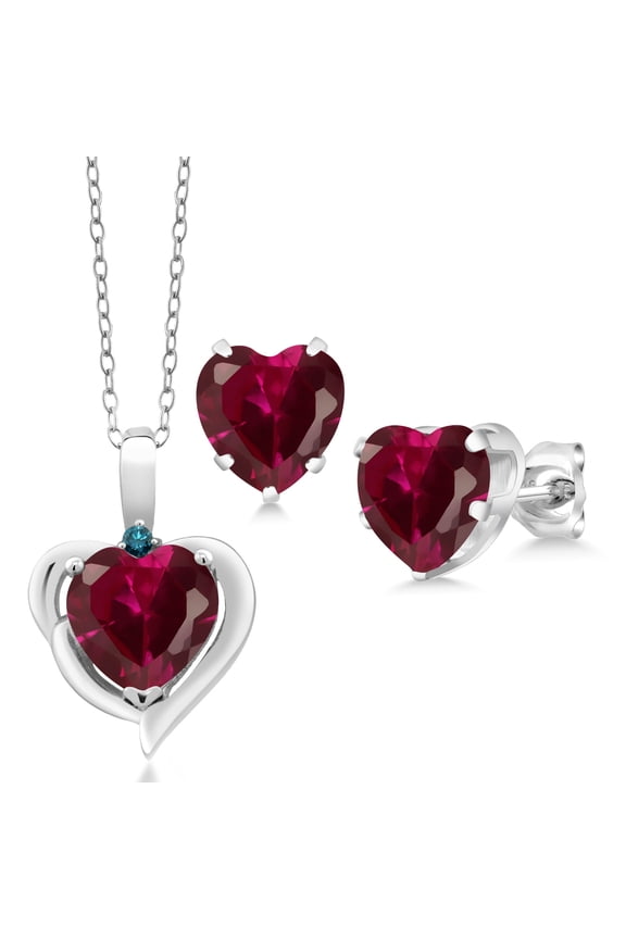 5.12 Ct Heart Shape Created Ruby Blue Diamond 925 Silver Pendant and Earrings Jewelry Set