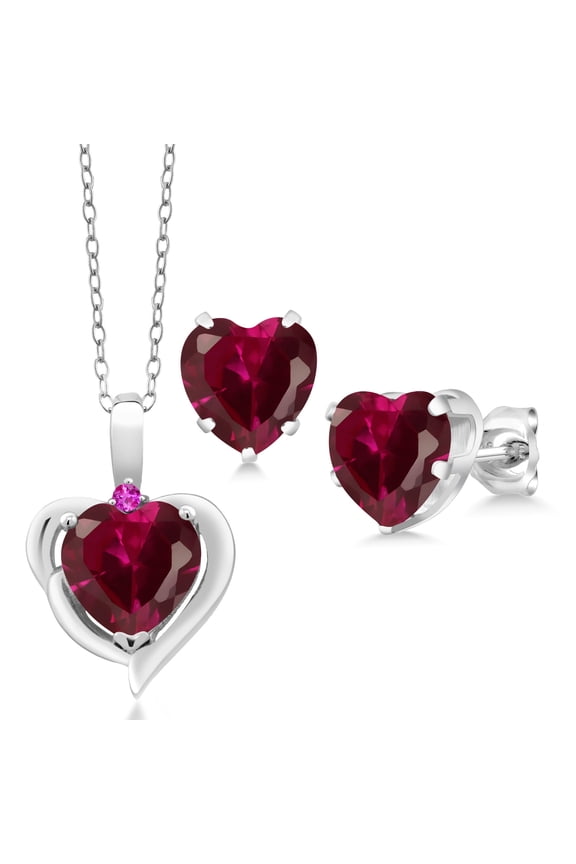 5.12 Ct Heart Shape Created Ruby Pink Sapphire 925 Silver Pendant and Earrings Jewelry Set