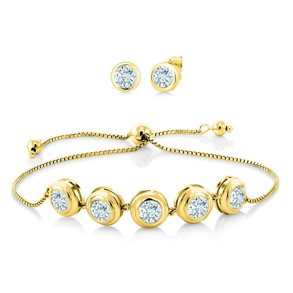 Gem Stone King 5.25 Ct Round Sky Blue Aquamarine 18K Yellow Gold Plated Silver Bracelet for Women