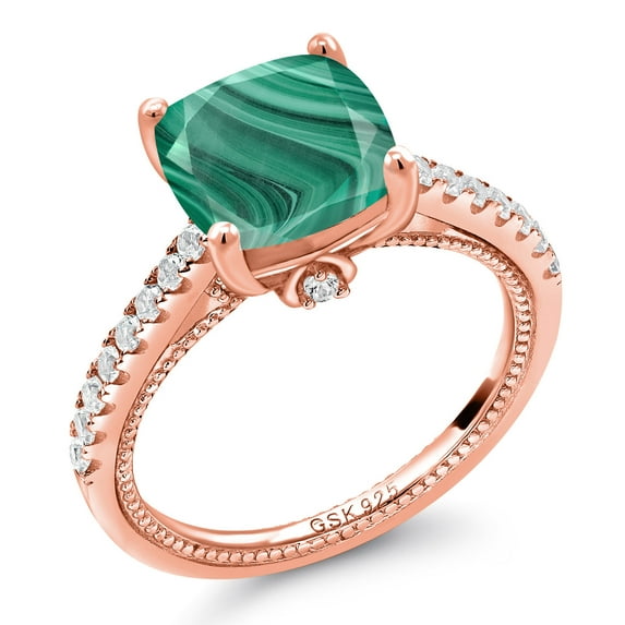 Gem Stone King 5.27 Ct Green Malachite White Created Sapphire 18K Rose Gold Plated Silver Ring
