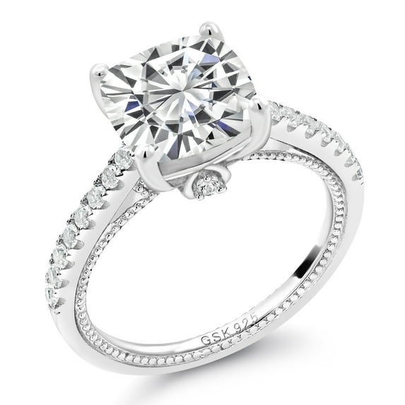 Gem Stone King 5.27 Cttw Moissanite and Created Sapphire Engagement Ring for Women in 925 Sterling Silver | Cushion 10MM (Size 6)