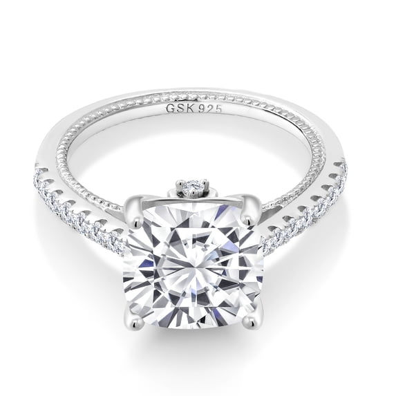 Gem Stone King 5.27 Cttw White Moissanite and White Created Sapphire Engagement Ring for Women | 925 Sterling Silver | Cushion 10MM | Wedding Engagement Anniversary Promise Ring for Women | Size 9
