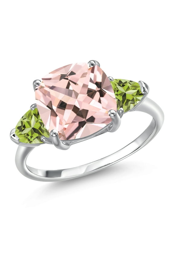 5.28 Ct Cushion Peach Nano Morganite Green Peridot 10K White Gold Ring (Size 9)