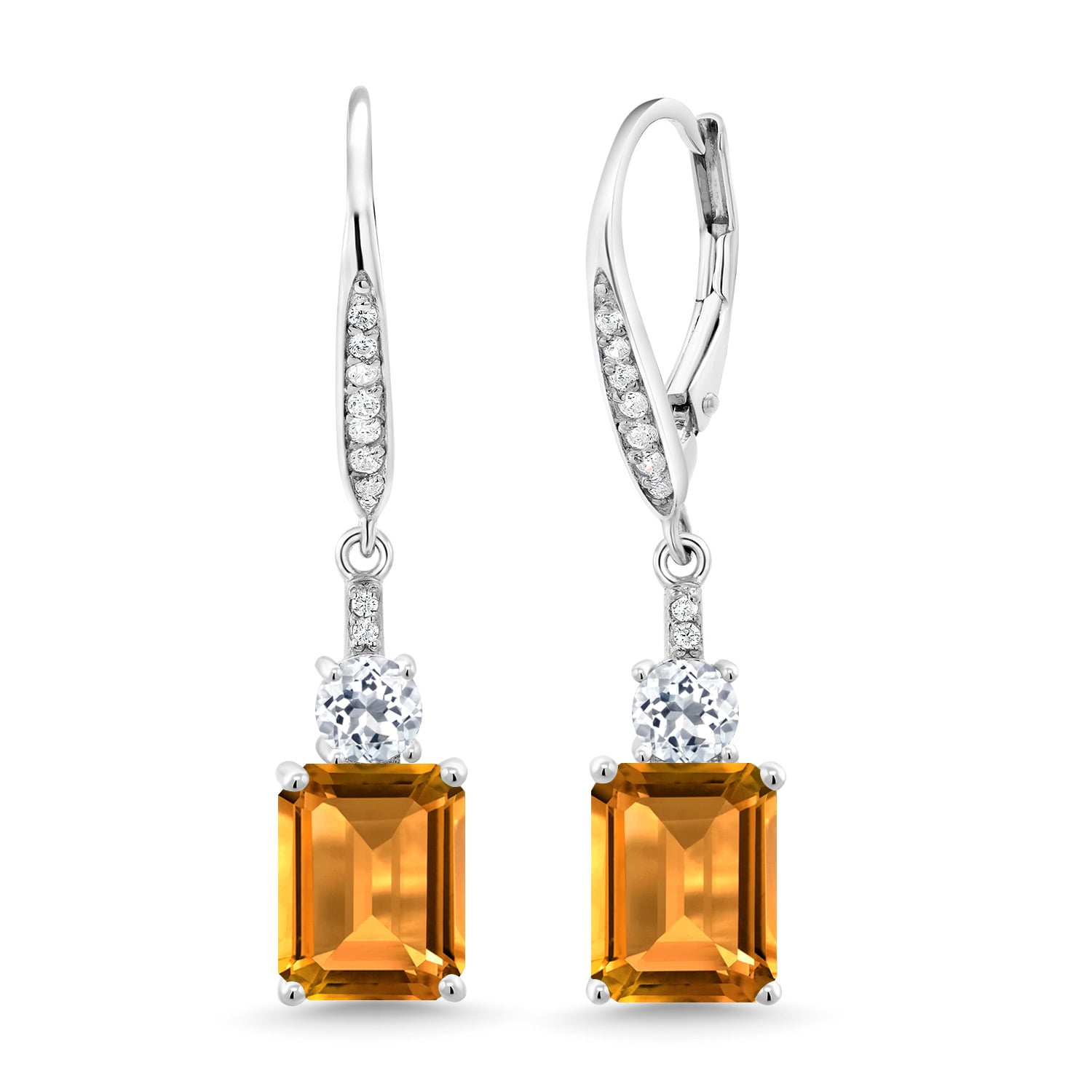 Gem Stone King 5.31 Cttw Yellow Citrine and White Topaz Dangle Earrings for Women | 925 Sterling Silver | Gemstone November Birthstone | Emerald Cut 9X7MM