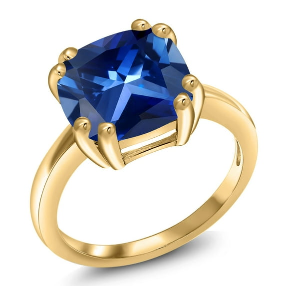 Gem Stone King 5.32 Ct Cushion Blue Created Sapphire 18K Yellow Gold Plated Silver Double Prong Ring