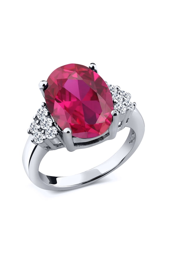 5.40 Cttw Red Created Ruby and White Topaz Engagement Ring for Women | 925 Sterling Silver | Oval 12X10MM | Wedding Engagement Anniversary Promise Ring for Women | Size 9