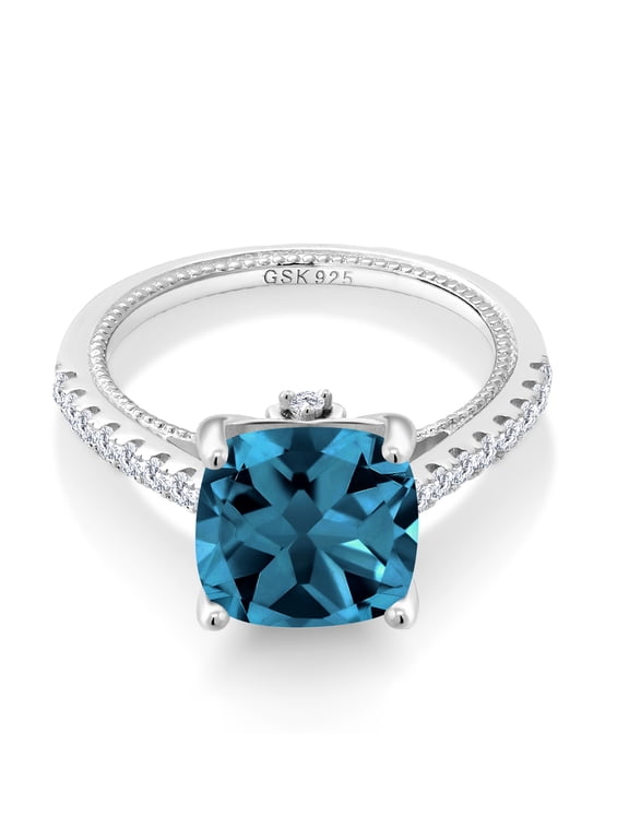 5.47 Cttw London Blue Topaz and White Created Sapphire Ring for Women | 925 Sterling Silver | Cushion 10MM | Wedding Engagement Anniversary Promise Ring for Women | Size 5