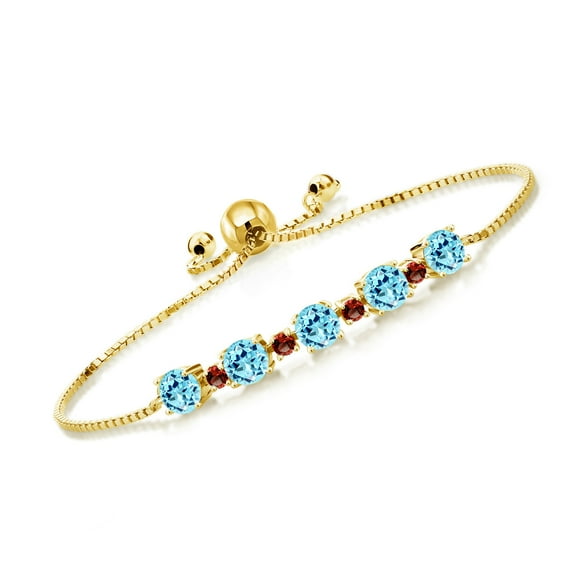 Gem Stone King 5.48 Ct Round Blue Apatite Red Garnet 18K Yellow Gold Plated Silver Tennis Bracelet for Women