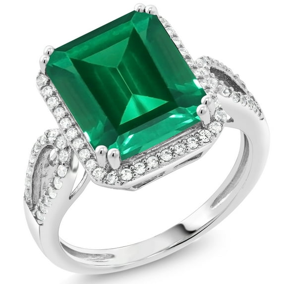 Gem Stone King 5.48 Cttw Green Nano Emerald Ring for Women | 925 Sterling Silver | Emerald Cut 12X10MM | Gemstone May Birthstone | Available in Size 5, 6, 7, 8, 9