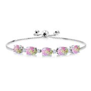 Gem Stone King 5.51 Ct Oval Cabochon Pink Simulated Opal E-F Lab Grown Diamond 925 Silver Bracelet for Women