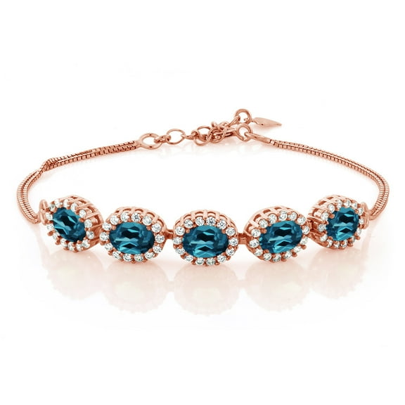 Gem Stone King 5.54 Ct Oval London Blue Topaz 18K Rose Gold Plated Silver Bracelet for Women