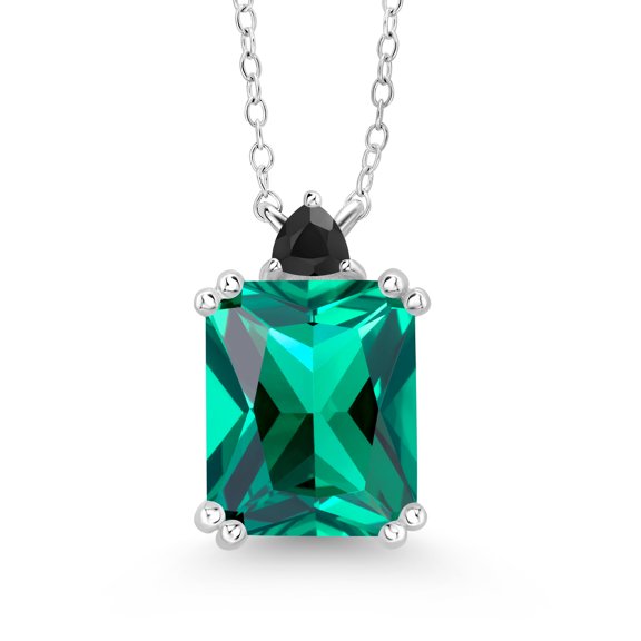 Gem Stone King 5.60 Ct Emerald Cut Green Nano Emerald Black Onyx 925 Sterling Silver Necklace