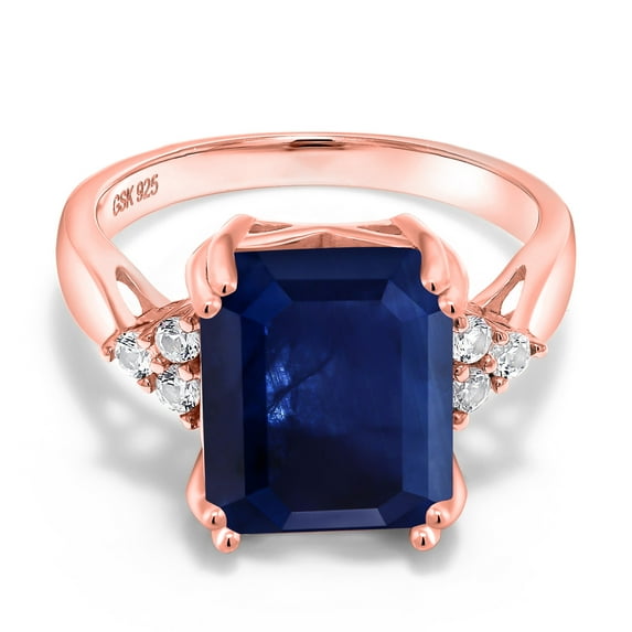 Gem Stone King 5.60 Ct Octagon Blue Sapphire 18K Rose Gold Plated Silver Ring