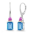 thumbnail image 1 of Gem Stone King 5.60 Ct Swiss Blue Topaz Pink Created Sapphire 925 Silver and 10K Yellow Gold Earrings, 1 of 4