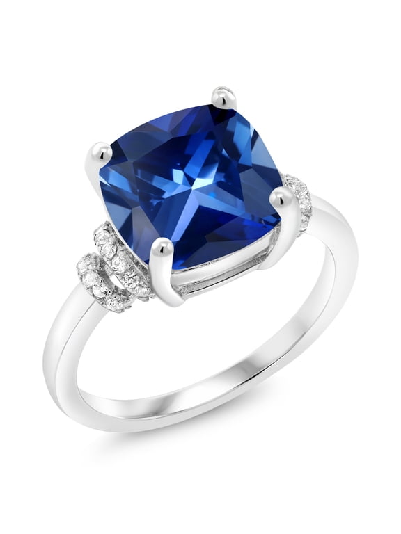 5.61 Ct Cushion Blue Created Sapphire 925 Sterling Silver Ring