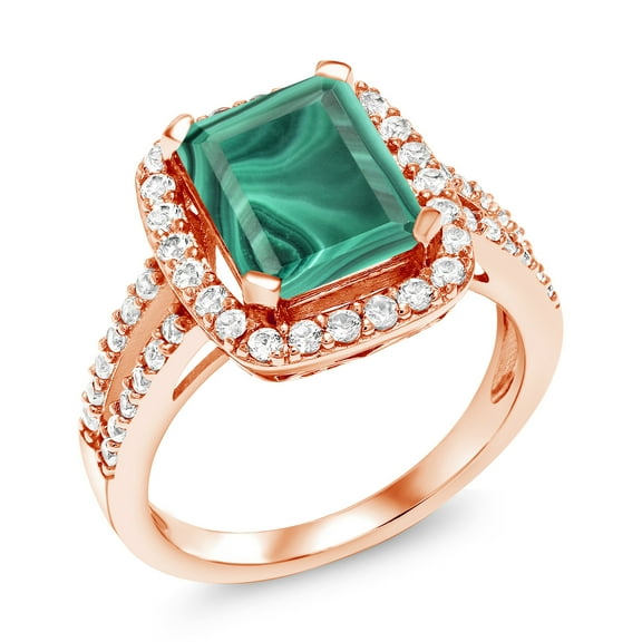 Gem Stone King 5.62 Ct Emerald Cut Green Malachite 18K Rose Gold Plated Silver Ring (Size 5)