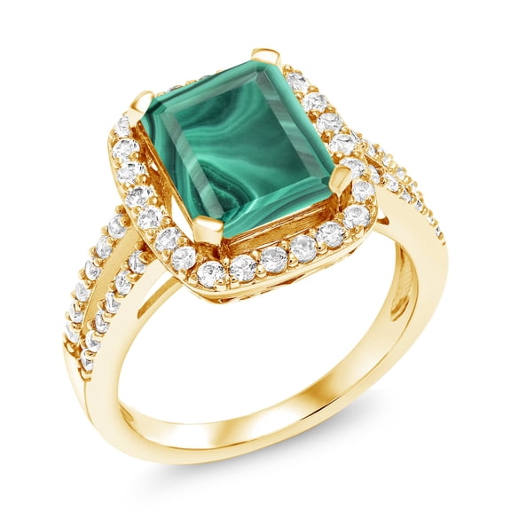 Gem Stone King 5.62 Cttw Emerald Cut Green Malachite 18K Yellow Gold Plated Silver Ring for Women | Gemstone Birthstone | 10X8MM Emerald Cut (Size 5)