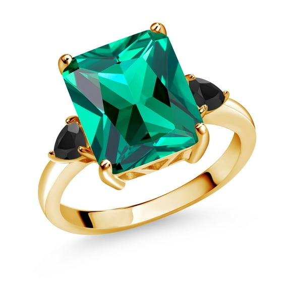 Gem Stone King 5.72 Ct Green Nano Emerald Black Onyx 18K Yellow Gold Plated Silver Ring (Size 8)