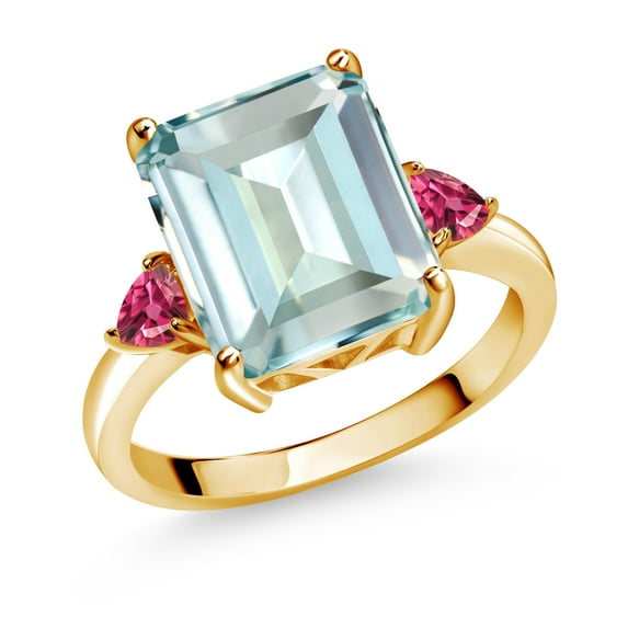 Gem Stone King 5.73 Ct Sky Blue Simulated Aquamarine Pink Tourmaline 18K Yellow Gold Plated Silver Ring (Size 6)