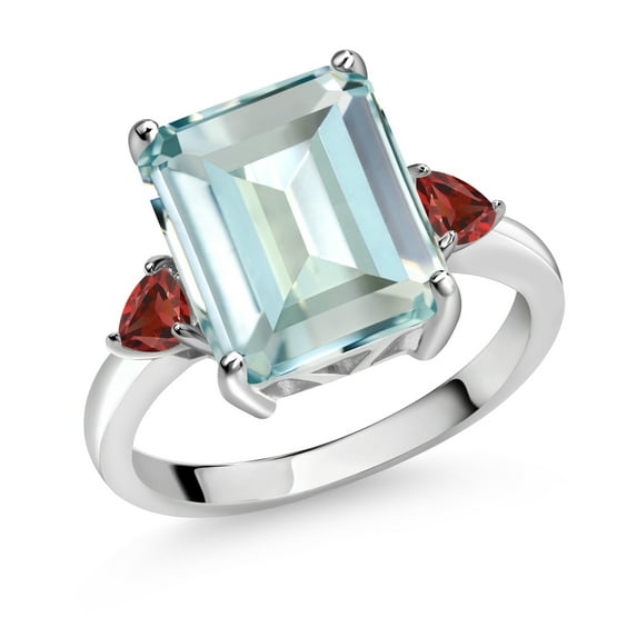 Gem Stone King 5.81 Ct Octagon Sky Blue Simulated Aquamarine Red Garnet 925 Sterling Silver Ring (Size 5)