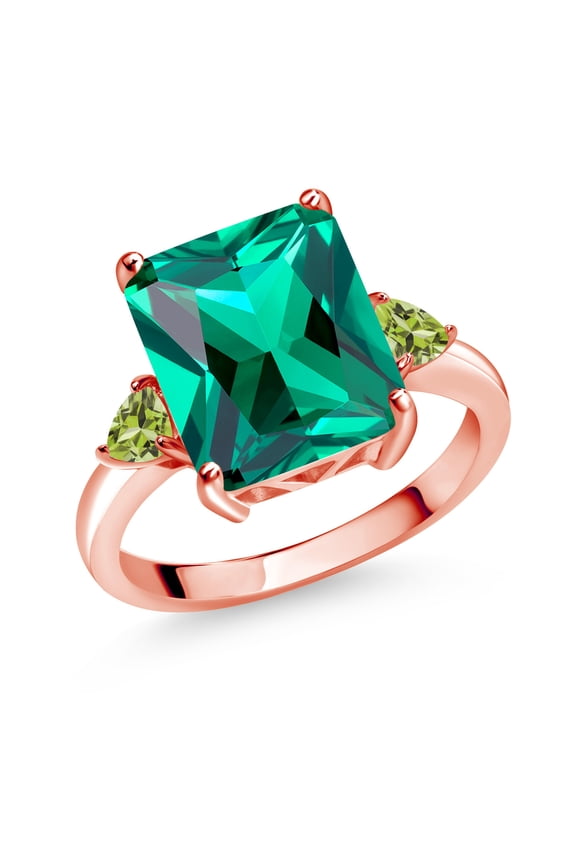 5.84 Ct Green Nano Emerald Green Peridot 18K Rose Gold Plated Silver 3-Stone Women Engagement Ring (Size 9)