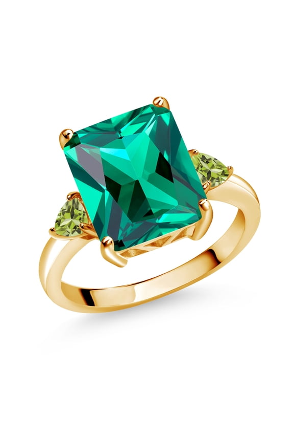 5.84 Ct Green Nano Emerald Green Peridot 18K Yellow Gold Plated Silver 3-Stone Women Engagement Ring (Size 5)