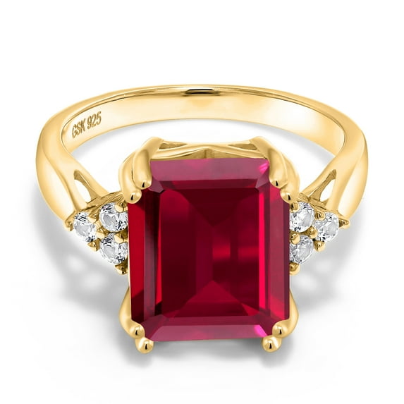 Gem Stone King 5.88 Ct Octagon Red Created Ruby 18K Yellow Gold Plated Silver Ring