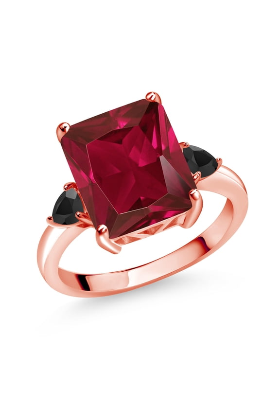 5.94 Ct Octagon Red Created Ruby Black Onyx 18K Rose Gold Plated Silver Ring (Size 8)