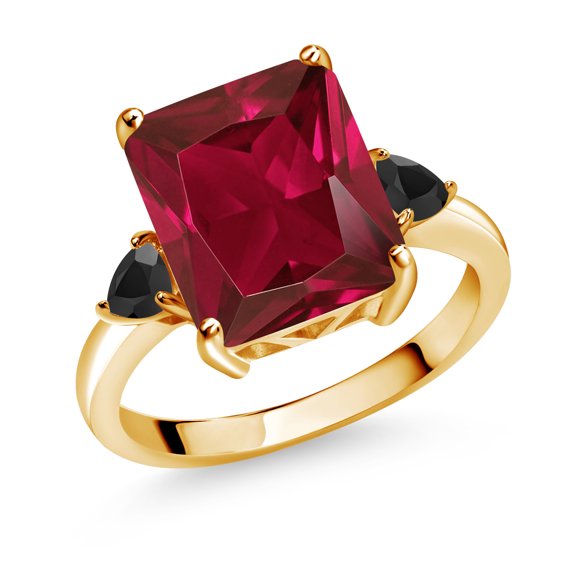 Gem Stone King 5.94 Ct Octagon Red Created Ruby Black Onyx 18K Yellow Gold Plated Silver Ring (Size 8)