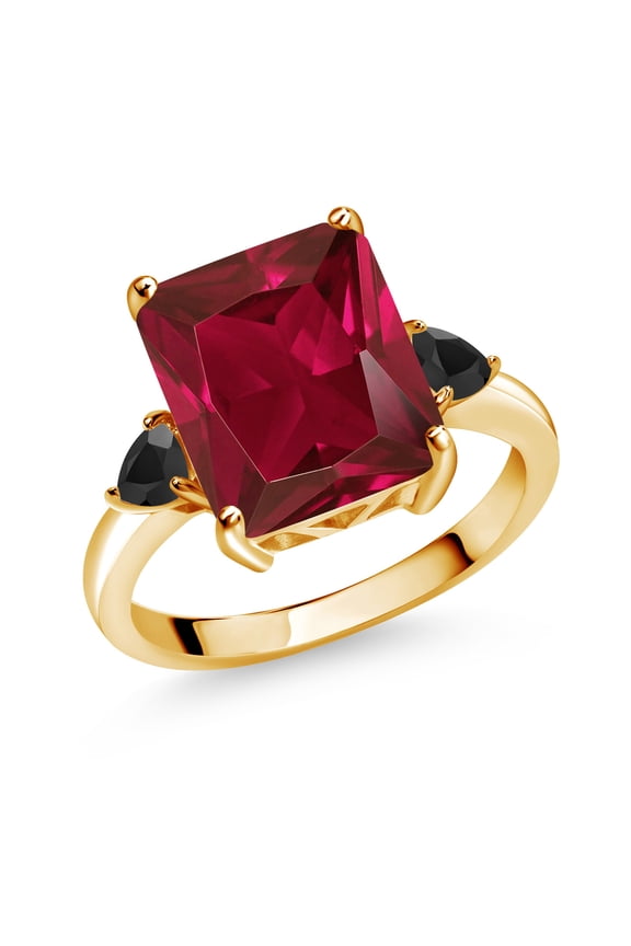 5.94 Ct Octagon Red Created Ruby Black Onyx 18K Yellow Gold Plated Silver Ring (Size 7)