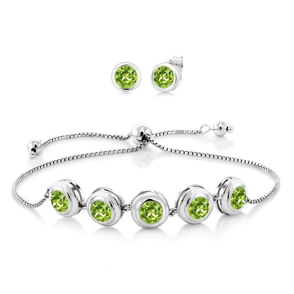 Gem Stone King 5.95 Ct Round 6mm Green Peridot 925 Sterling Silver Bracelet for Women Earrings Set