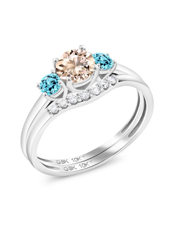 5mm Round Peach Morganite Swiss Blue Topaz 0.77 Ct 10K White Gold Lab Grown Diamond Ring (Size 6)