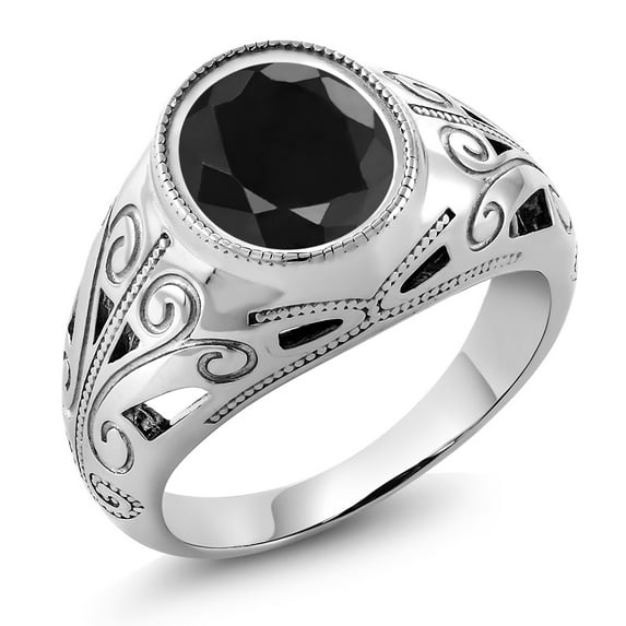 Gem Stone King 6.00 Ct Oval Black Sapphire 925 Sterling Silver Men's Ring