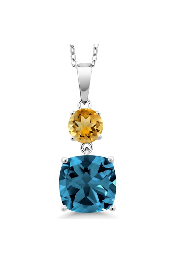 6.00 Cttw London Blue Topaz and Yellow Citrine Pendant Necklace for Women | 925 Sterling Silver | Gemstone November Birthstone | Cushion 10MM and Round 6MM