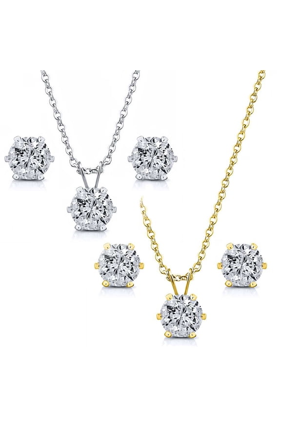 6.00 Ctw White CZ Two Set of Yellow and White Pendant and Earrings Jewelry Set with 18 inches Chain