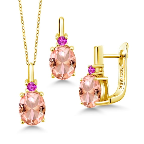 Gem Stone King 6.05 Ct Peach Nano Morganite Pink Sapphire 18K Yellow Gold Plated Silver Pendant and Earrings Jewelry Set