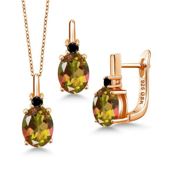 Gem Stone King 6.07 Ct Mango Mystic Topaz Black Diamond 18K Rose Gold Plated Silver Pendant and Earrings Jewelry Set