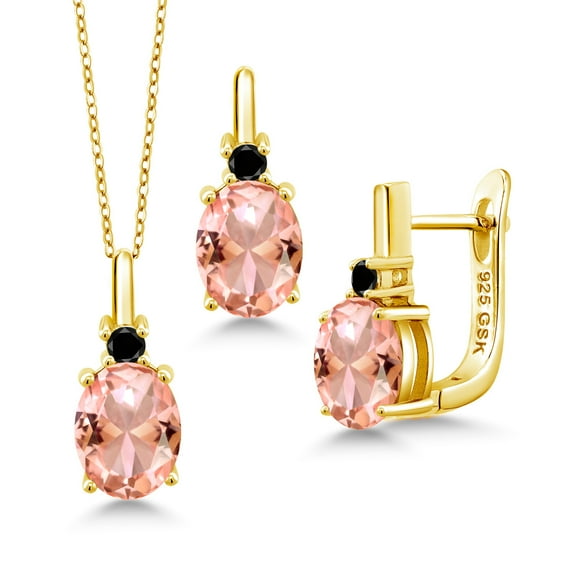 Gem Stone King 6.07 Ct Peach Nano Morganite Black Diamond 18K Yellow Gold Plated Silver Pendant and Earrings Jewelry Set