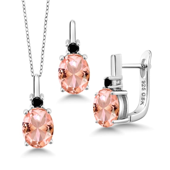 Gem Stone King 6.07 Ct Peach Nano Morganite Black Diamond 925 Silver Pendant and Earrings Jewelry Set