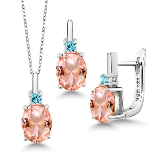 Gem Stone King 6.08 Ct Peach Nano Morganite Swiss Blue Topaz 925 Silver Pendant and Earrings Jewelry Set