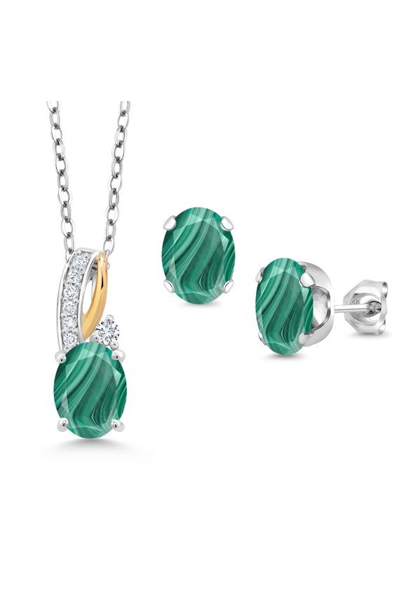 6.09 Ct Green Malachite E-F Lab Grown Diamond 925 Silver and 10K Yellow Gold Pendant and Earrings Jewelry Set