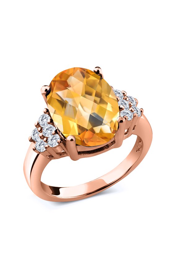 6.11 Ct Oval Checkerboard Yellow Citrine E-F Lab Grown Diamond 18K Rose Gold Plated Silver Ring (Size 7)