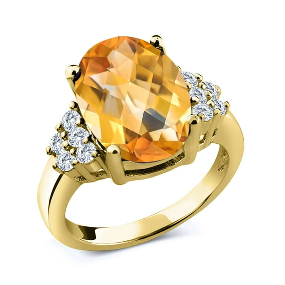 Gem Stone King 6.11 Ct Oval Checkerboard Yellow Citrine E-F Lab Grown Diamond 18K Yellow Gold Plated Silver Ring (Size 5)