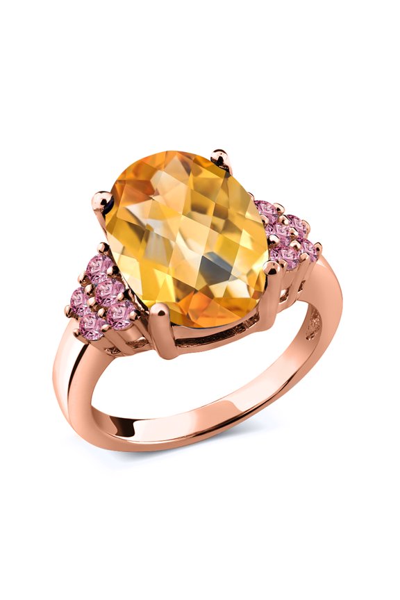 6.11 Ct Oval Checkerboard Yellow Citrine Pink Lab Grown Diamond 18K Rose Gold Plated Silver Ring (Size 5)