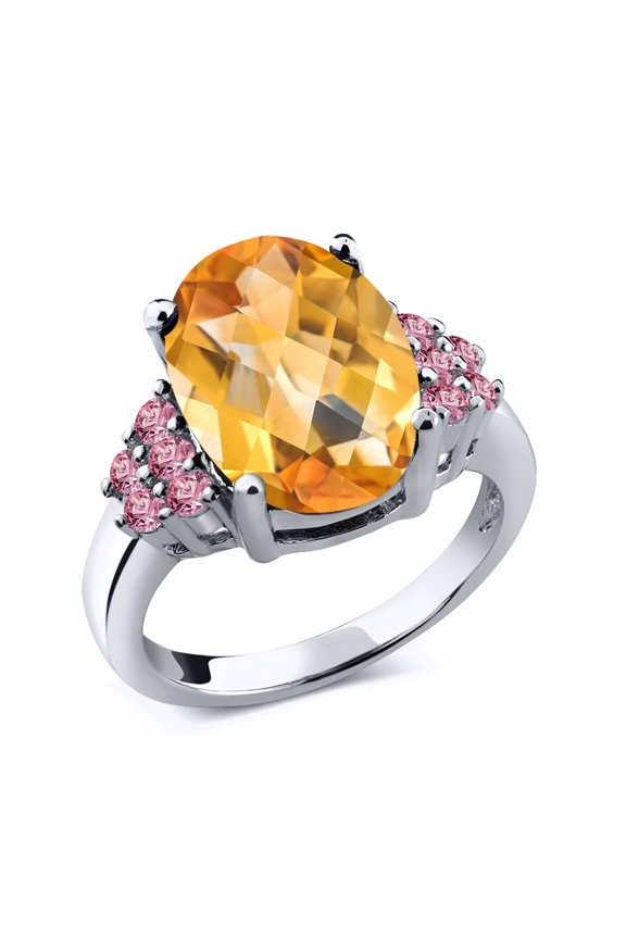 6.11 Ct Oval Checkerboard Yellow Citrine Pink Lab Grown Diamond 925 Sterling Silver Ring (Size 8)
