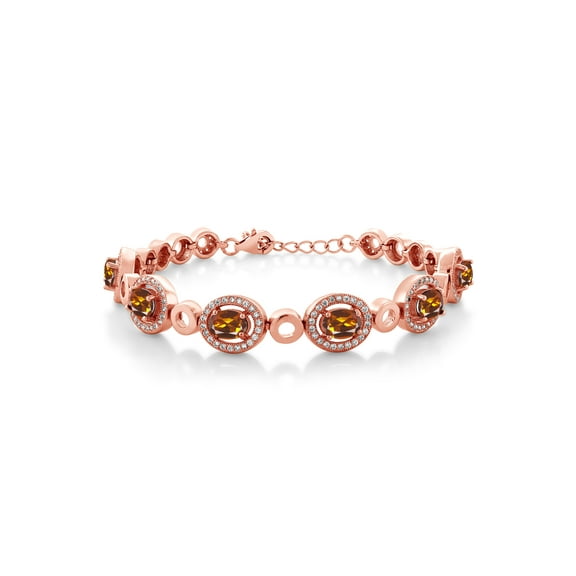 Gem Stone King 18K Rose Gold Plated Silver Orange Red Madeira Citrine Tennis Bracelet for Women (6.12 Cttw, Oval 7X5MM, 7 inch with 1 inch Extender)
